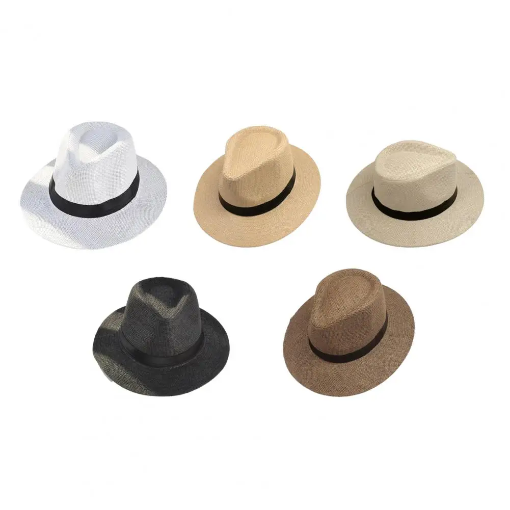 Venda imperdível chapéu de palha dobrável estilo panamá, aba plana, anti-UV, protetor solar, chapéu de praia, aba grande, chapéu masculino jazz, 58 cm_voghion.com