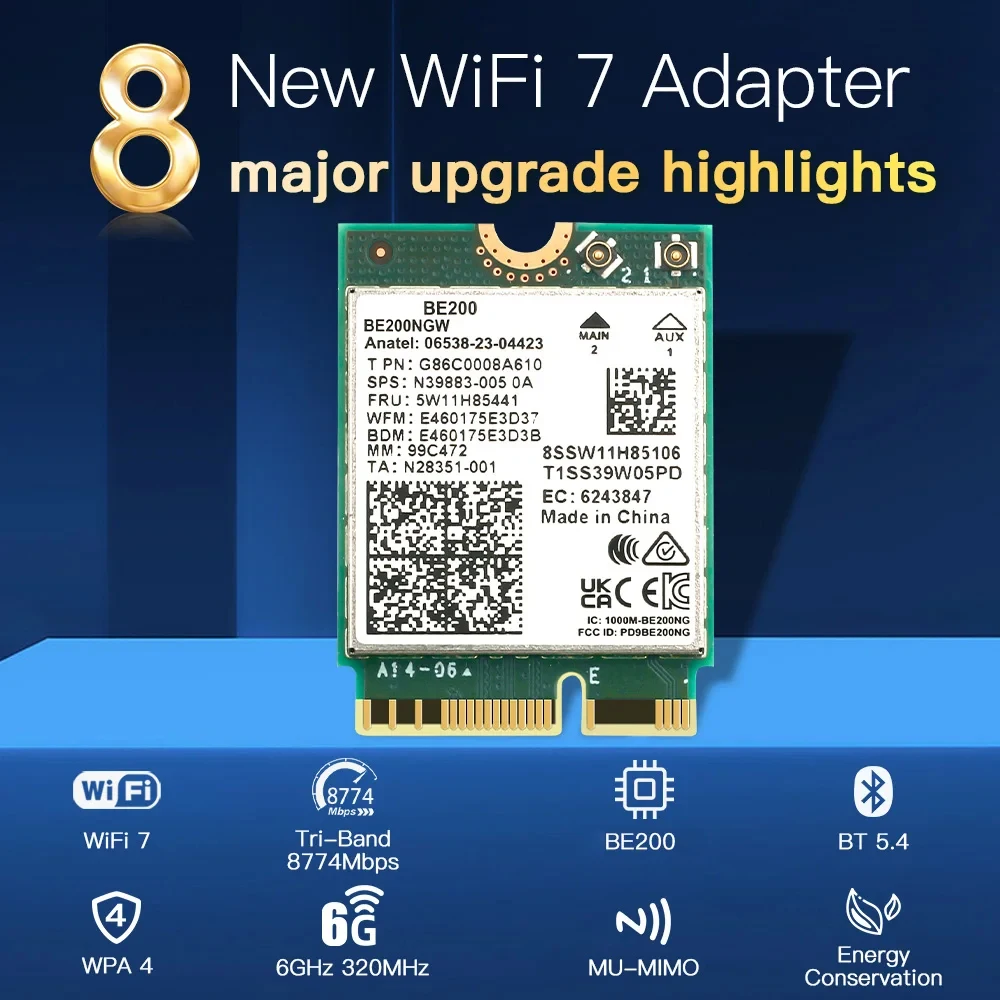 Adaptador sem Fio Bluetooth 5.4 Triple Band M.2 Ngff 8774mbps Desktop Laptop Antena Grupo Melhor do Que Ax210 Win10 11 Wifi7-be200 - Imagem 2
