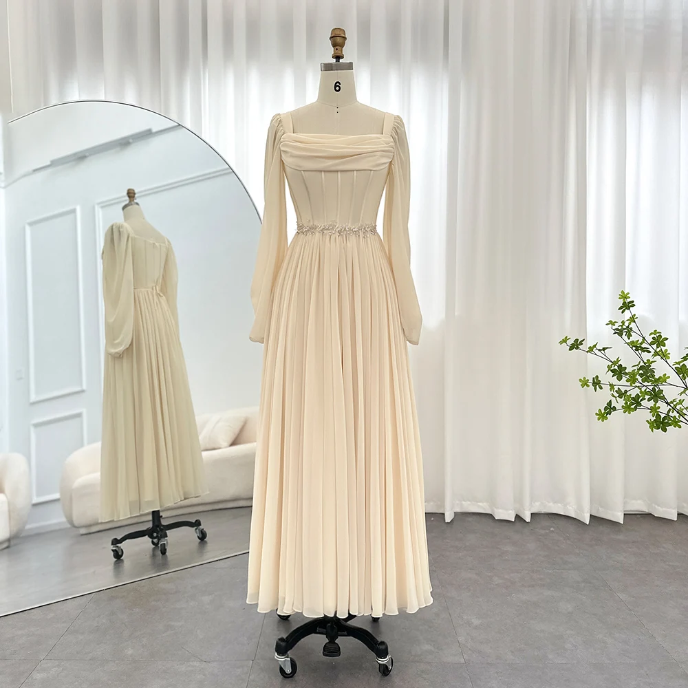 SCZ136 Dubai Beige Short Midi Arabic Evening Dress with Belt Long Sleeves Tea Length Women Formal Wedding Party Gowns 3 SCZ136 Dubai Beige Short Midi Arabic Evening Dress with Belt Long Sleeves Tea Length Women Formal Wedding Party Gowns 3