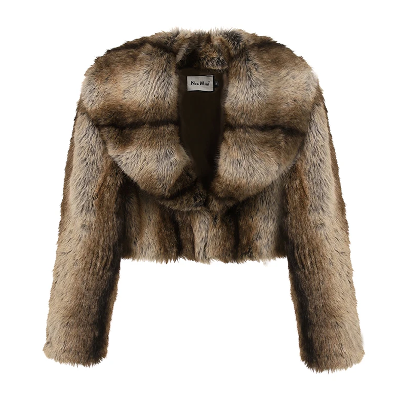 Abrigo corto de piel sintética a rayas retro vintage para mujer, chaqueta de piel de zorro con cuello grande recortada a la moda Y3k para invierno para niña