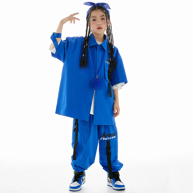 Kids Hip Hop Clothing Blue Loose Short Sleeves Shirt Coat Pants Boys Drum Street Dance Outfit Girls Jazz performance Suit L10894