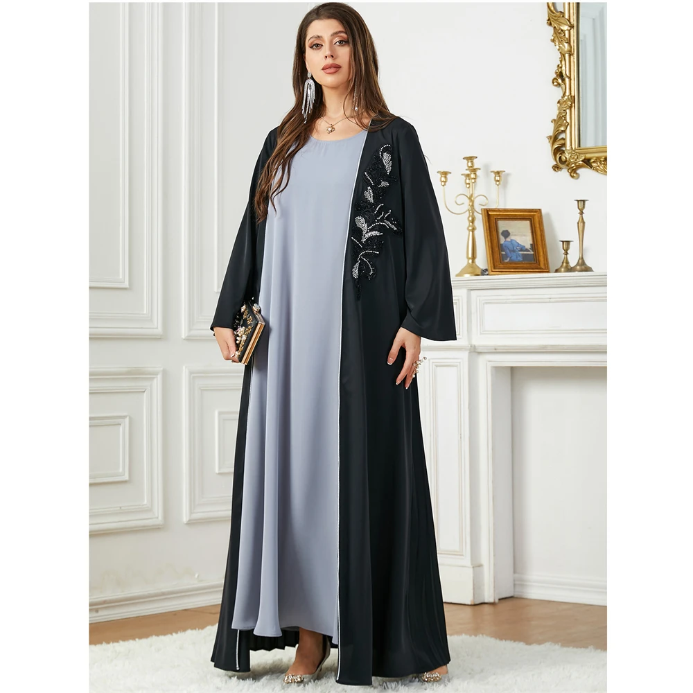 

2024 Femme Kimono Abaya Ramadan Beading Black Muslim Dress for Women Islamic Eid Jalabiya Marocain Gown Turkey Moroccan Kaftan