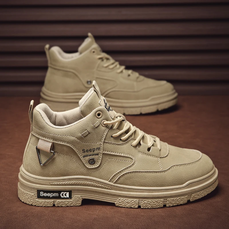 

Genuine Leather Suede Men's High Top Casual Shoes, Autumn and Winter Sports Shoes Lace Up Outdoor Work Shoes Running Shoes