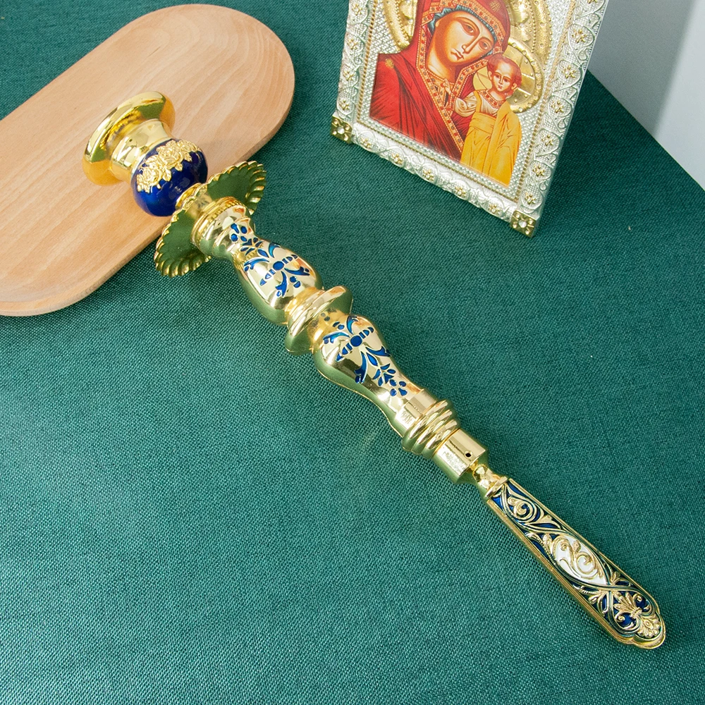 HTISOK Orthodoxer Handkerzenhalter, vergoldet, byzantinischer Stil, christlicher religiöser Ritual-Kerzenständer für die Kirchenanbetung – Detail 10