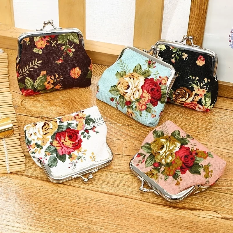 One Piece Vintage Mini Canvas Coin Purse Printed Rose Flower Wallet Key Lipstick Storage Coin Bag Cute Small Wallet