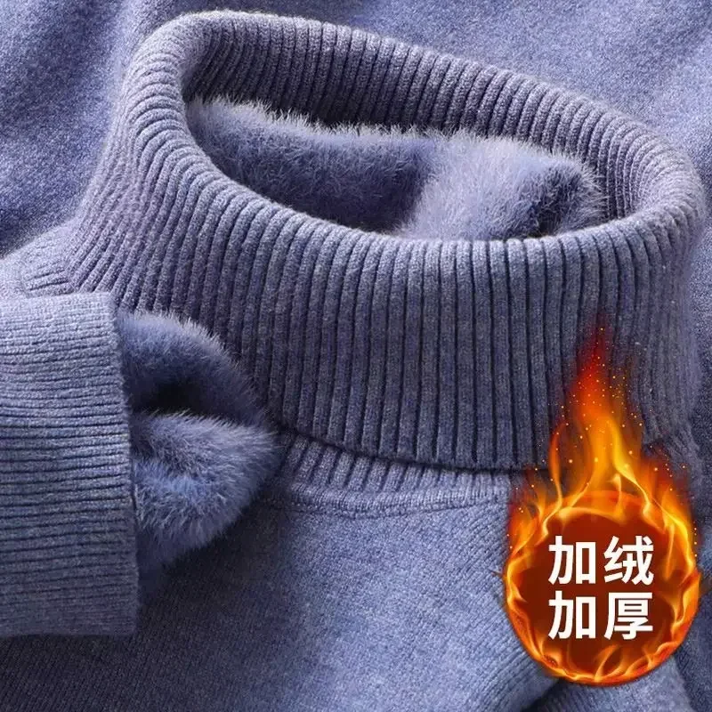 Autumn Winter Men's Turtleneck Sweater Knitted Velvet Warm Long Sleeve Pullover Outdoor Cold-proof Casual Blouse Base Sweater 2