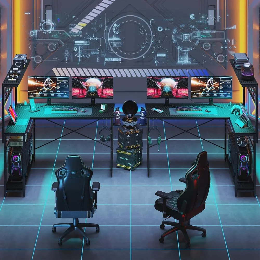 51" L-Shaped Gaming Desk with Power Outlets, LED Lights, 4 Shelves & Cup Holder for Home Office