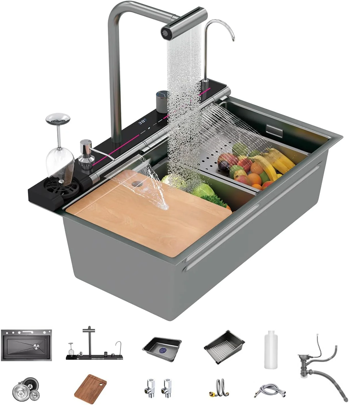 Kitchen Sink Digital Display Embossed Large Single Groove honeycomb Black Nano Raindance Waterfall Sink with Pressurized Cup