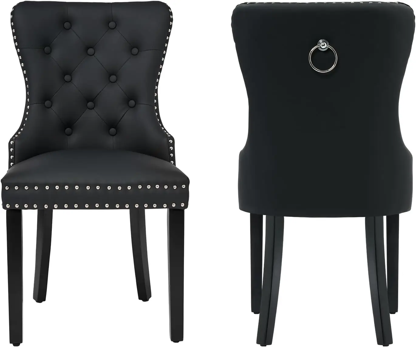 Leather Dining Chairs Set of 2, Tufted Upholstered Dining Room Chair with Pull Ring and Solid Wood Legs, Black