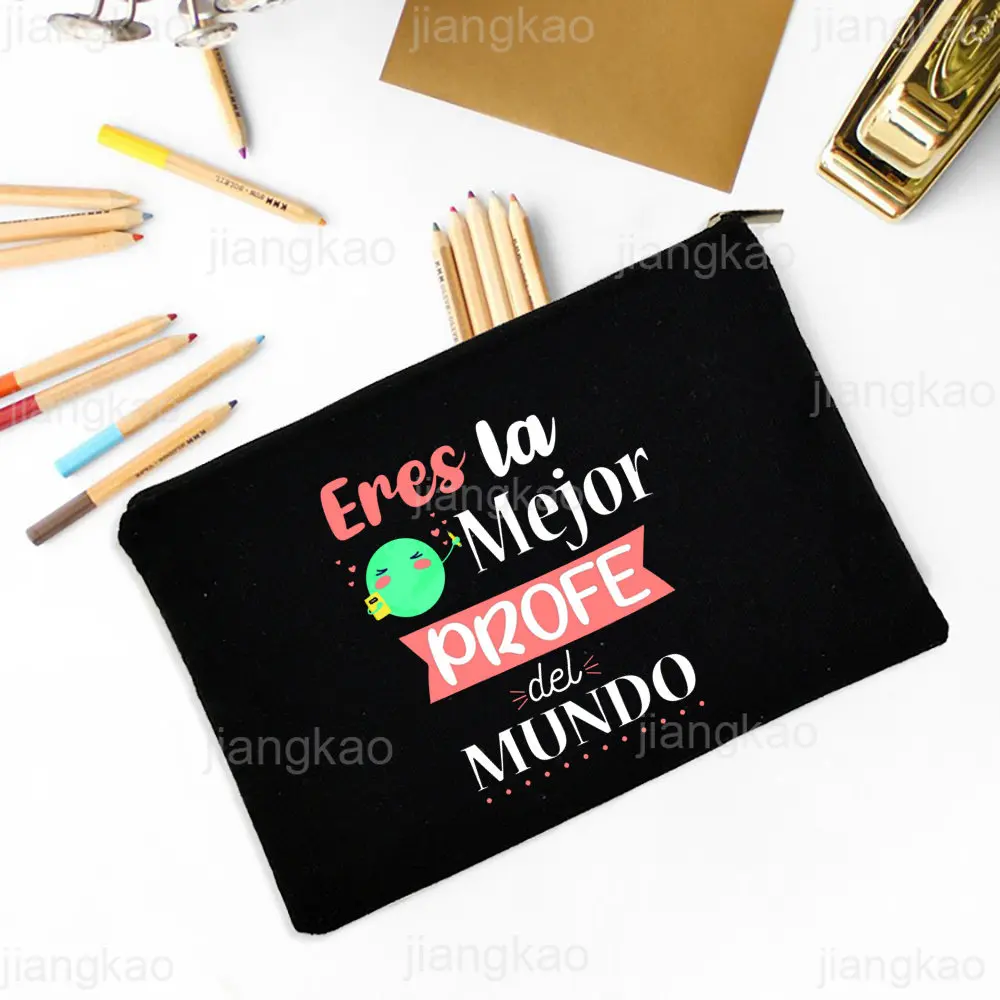 Best Teacher In The Word Spanish Print Pencil Bag School Stationery Supplies Storage Bags Travel Makeup Bag Toiletry Pouch Gifts 6