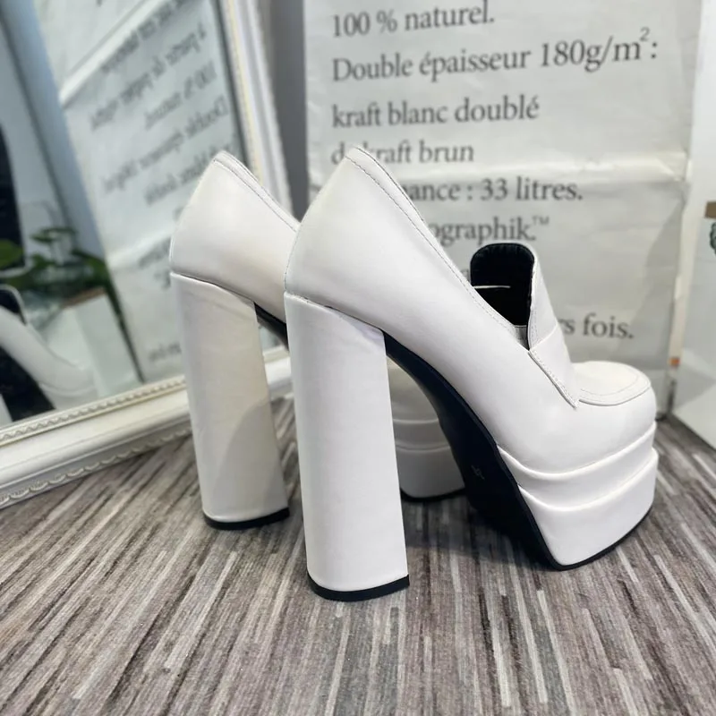 High Heel Platform Pumps For Women 2022 New Spring Solid Color PU Leather Square Toe Oversize Female Shoes With Rivet Decoration