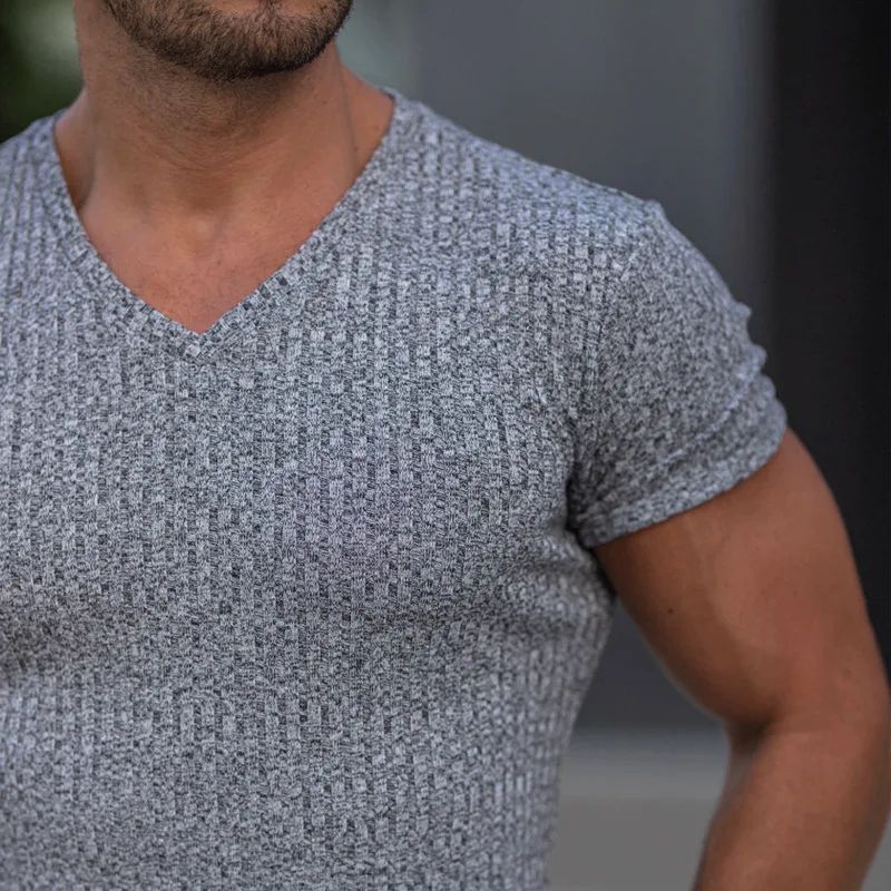 2022 NEW Sports T Shirt Men Summer high elasticity Compression shirt Fitness Tops Tee Male V Neck stripe T-shirt Gym Clothing
