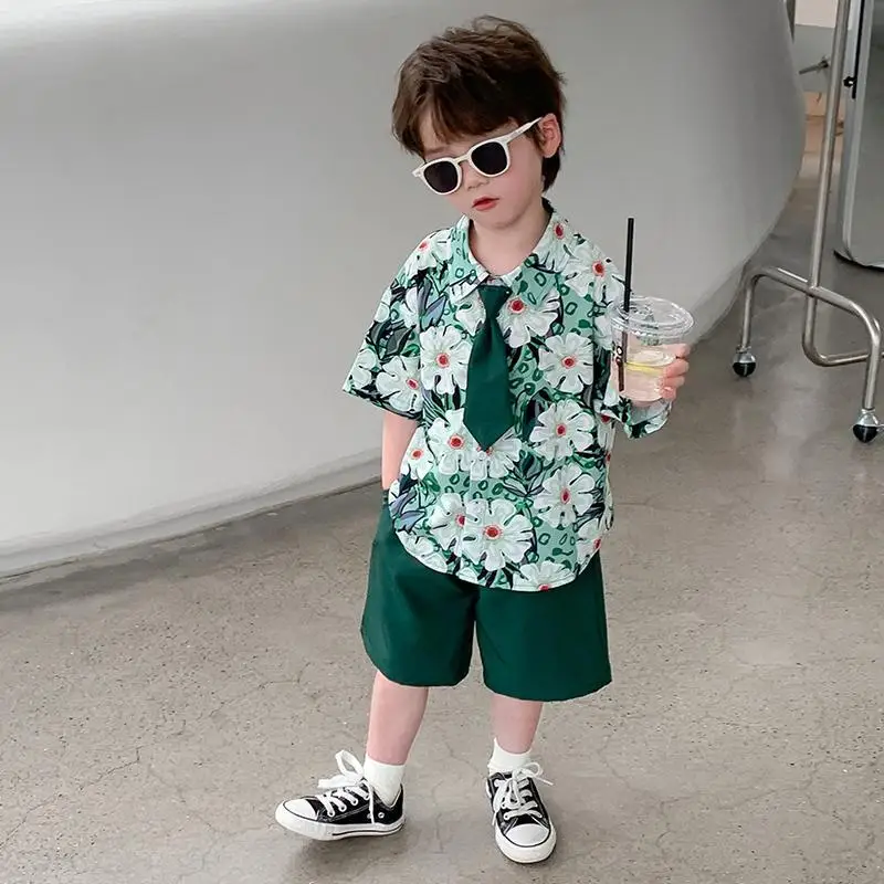 Kids Clothing Set 2-9 Yrs Boys Summer Flower Shirt Shorts Tie