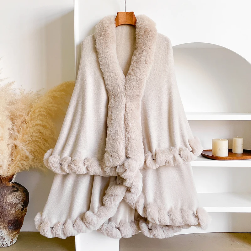 New Winter Thicken Mink Wool Full Trims Faux Fur Cape for Women - Hooded Loose Fleece Cloak Coat Party Dress Wraps Warm