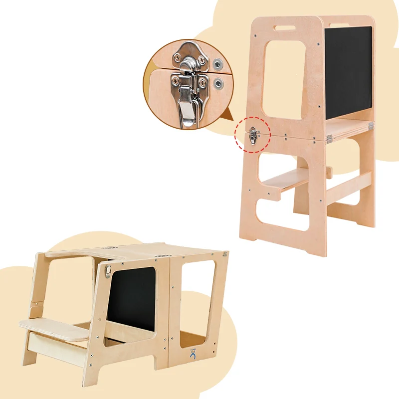 XIHATOY Montessori Foldable Wood Kitchen Tower Toddler Step Stool Desk Table And Baby High Feed Chair Kitchen Helper Stool
