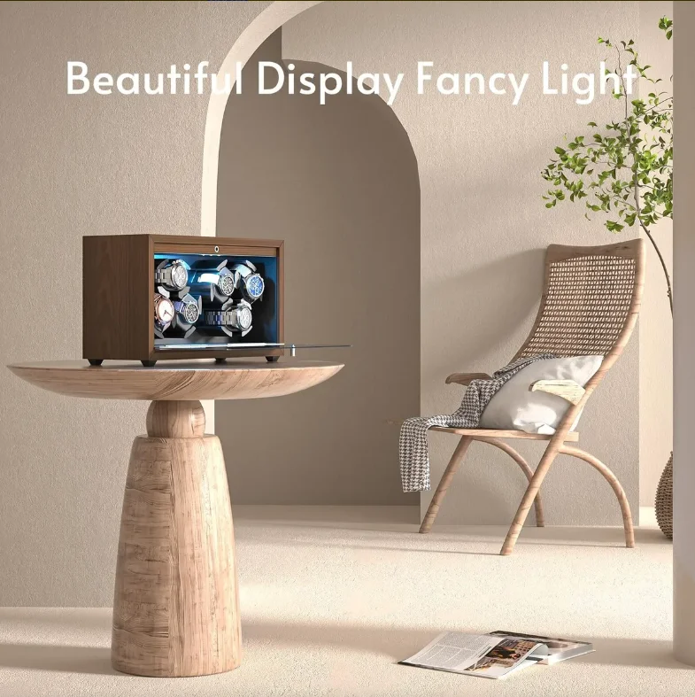 Automatic 6-Slot Watch Winder Box with Blue LED Light, Black Walnut Finish, Soft Memory... - SKU LAWW1124 - UGI Packaging