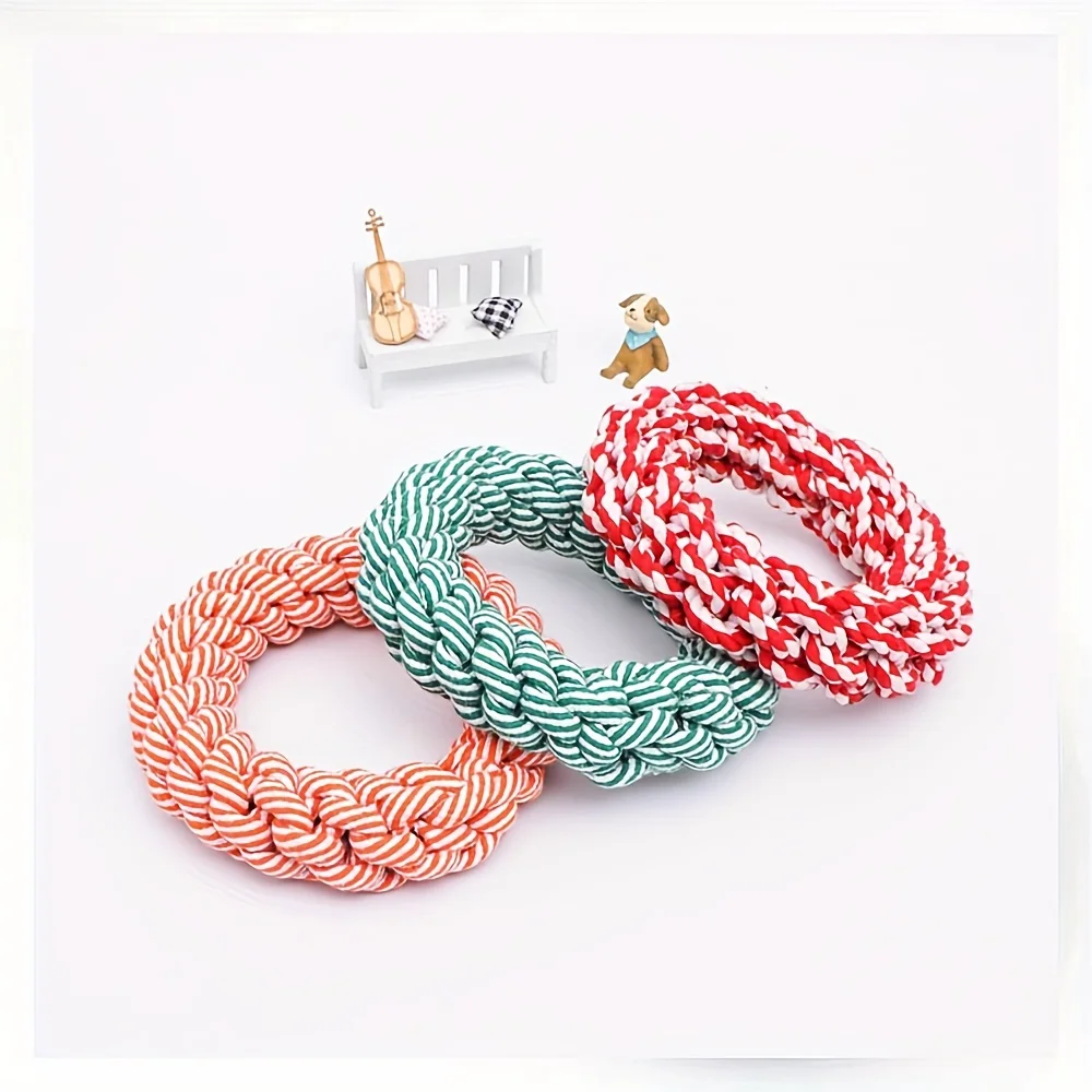 1pc Random Color Ring Woven Design Pet Chew Toy Dog Teeth Grinding Toy Dog Braided Knot Rope Chew Funny Toy 2