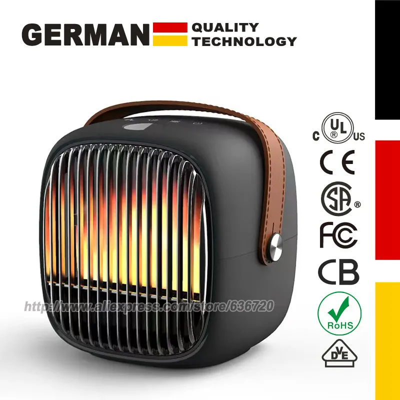 Portable Space Heater with Thermostat, for indoor use with realistic 3D flame, 800W PTC Ceramic Heating, Tip-Over Safety Switch