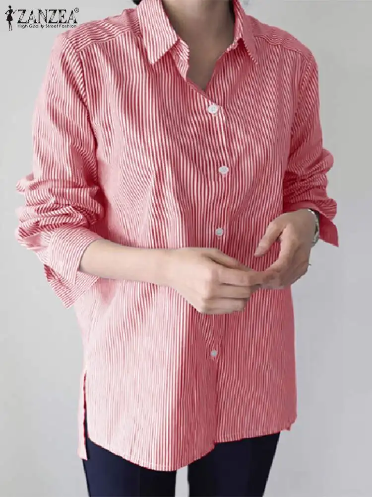 

2023 ZANZEA модная женская рубашка в полоску с отложным воротником и длинным рукавом, повседневные офисные топы, женские блузы на пуговицах, осенняя Рабочая блузка