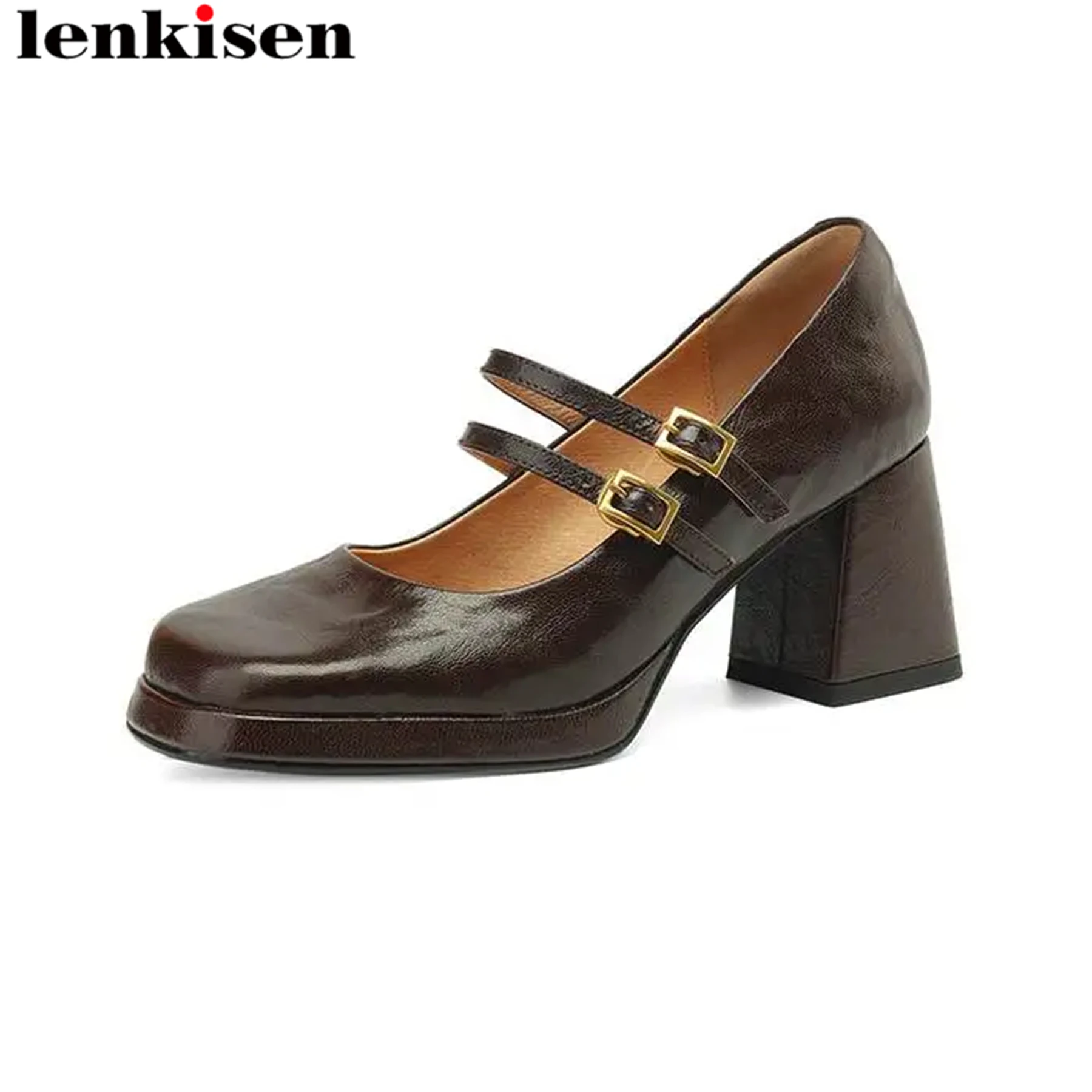 

Lenkisen Sheepskin Buckle Strap Shallow Chunky High Heel Spring Summer Square Toe Mary Janes Modern Vintage Platform Women Pumps