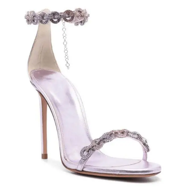 

Purple Silver Bling Round Cross Crystal Chains high Heel Sandals Woman One Line Peep toe Party Shoes for Women