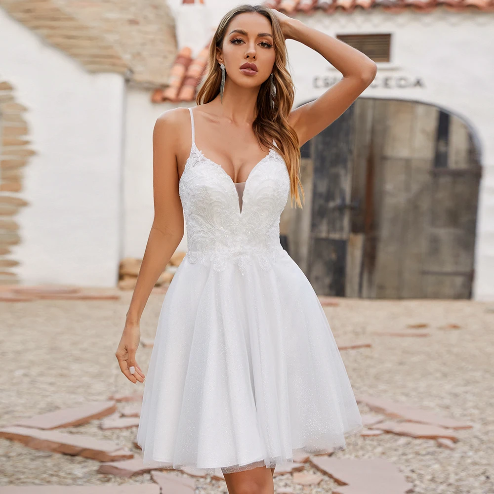 Real Wedding Dress A Line Spaghetti Straps V Neck Applique Glitter Tulle Short Bridal Gown Backless  Dresses for Bride 3