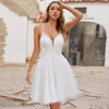 Real Wedding Dress A Line Spaghetti Straps V Neck Applique Glitter Tulle Short Bridal Gown Backless  Dresses for Bride 3