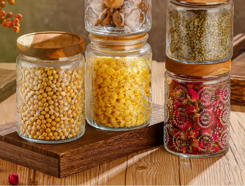 Bocal De Stockage Transparent Vide Pour Café En Gros, Canister En Verre Hermétique Avec Un Trou D'air, Bouteille De Stockage Pour Grains De Café Avec Couvercle En Bois De Noyer Noir