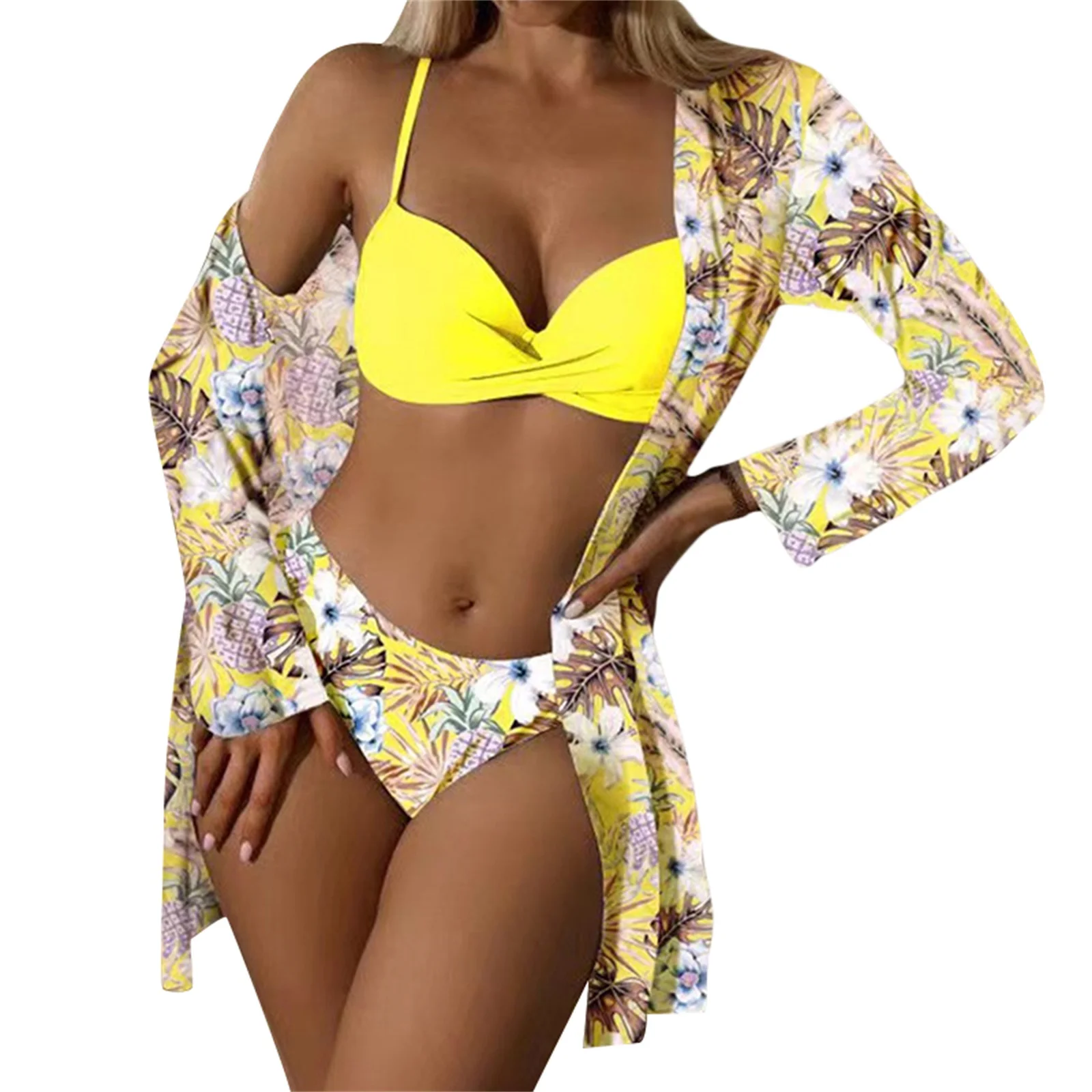 Women's Summer Bikinis Set Solid V-Neck Push Up Swimwear + Flower Print Low  Waist Thong + Cardigan Swimsuit Female Bathing Suit - AliExpress