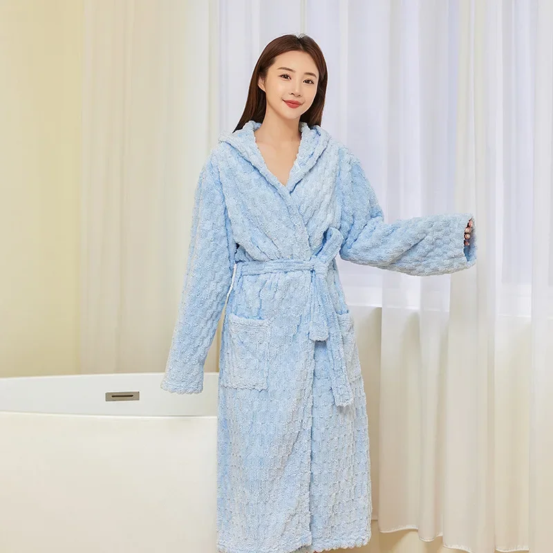 Coral Fleece Bathrobe Women Winter Warm Casual Flannel Robe Sleepwear Plush Shawl Bath Robe Nightgown Home Clothes