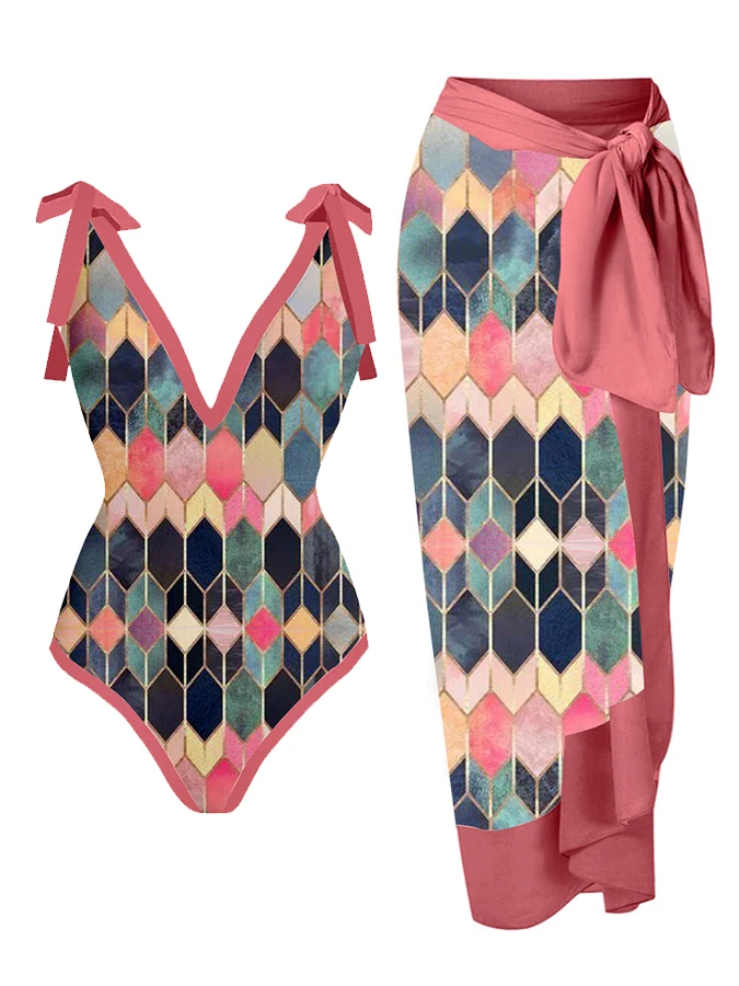 

V-Neck Colorblock Print 2023 Fashion Women Swimwear Summer One Piece Swimsuits Bathing Vacation Sexy / New