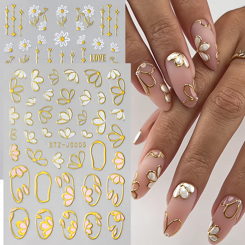 2pcs Bronzing Orchid Daisy Nail Art Stickers Golden Camellia Petal Flower Daisy Line Design Wedding Charm Decals Nail Supplies