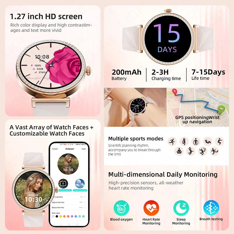LIGE 2025 GPS Track Women Smart Watch Sports Heart Rate BT Calling AI Voice Ladies Fashion Diamond Smartwatch For Huawei Xiaomi