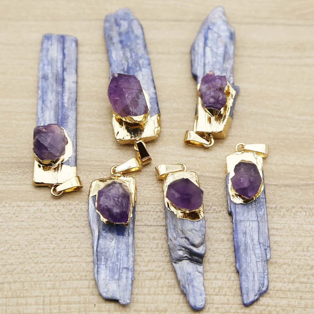 Natural Stone Blue Crystal Strip Amethyst Pendant Necklace Raw Ore Cure Fashion Charms Jewelry Making Accessories Wholesale 8Pcs