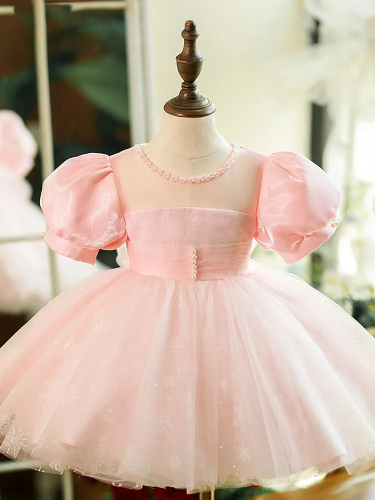 

2023 Princess Flower Girl Dress for Kids Infants Beading Pink Ball Gown Children 1st Birthday Partywear Baby Girls Gala Dresses