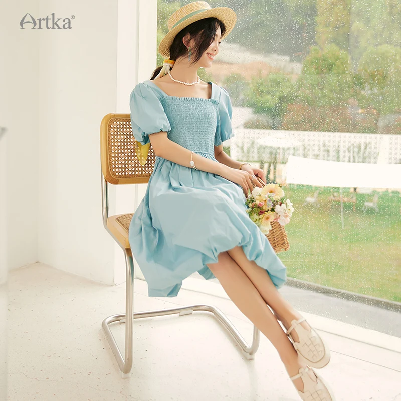 ARTKA 2023 Summer New Women Dress French Vintage Puff Short Sleeve Square Collar Dresses A-line Long Solid Color Dress LA92033X