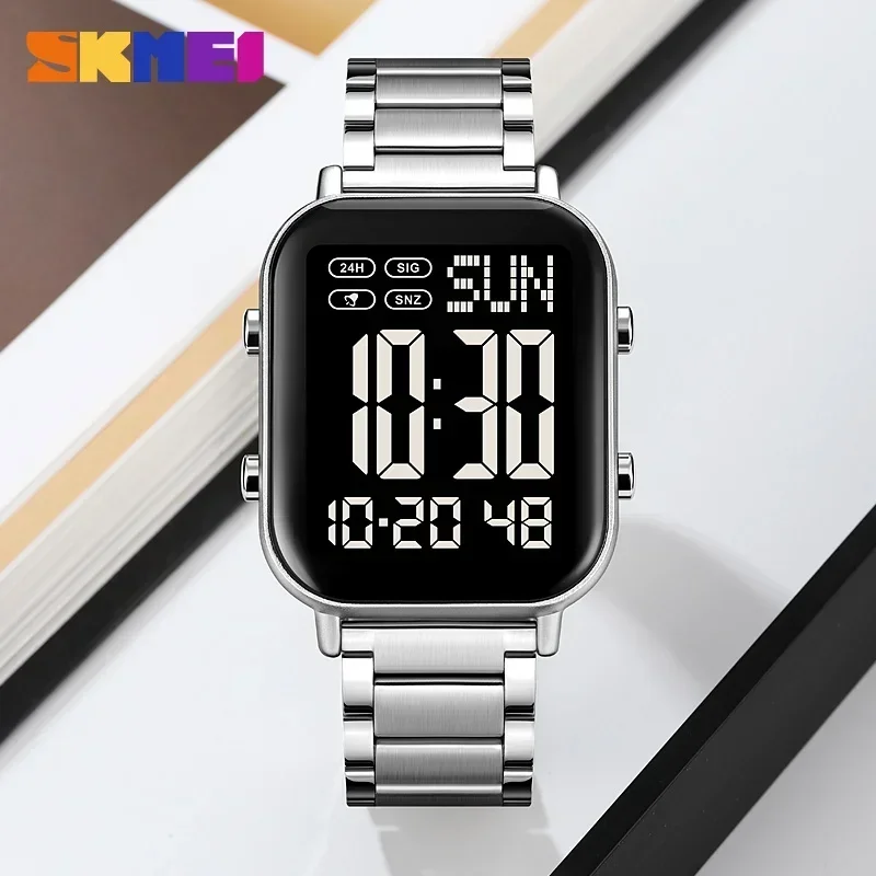 SKMEI 2259 Luxury EL Display Stainless Steel Digital Watch for Men Waterproof Sport Electronic Mens Wristwatch 1859 Reloj Hombre