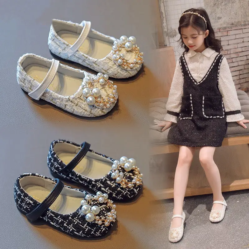 

Autumn Toddler Girl Flats Princess Shoes Plaid Black Baby Mary Janes Shoes Kids sapatos de niñas Pearls Buckle Girls Dress Shoes