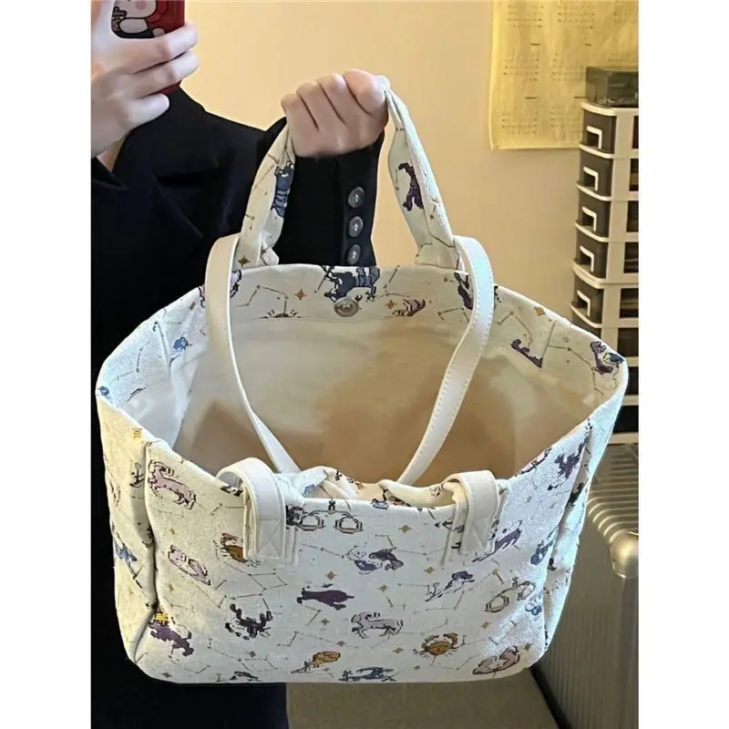 JIAERDI Harajuku Large Capacity Tote Bag Women 12 Constellation Pattern Casual Beige Shoulder Bag Student Vintage Handbag Y2k