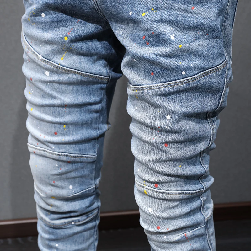 Street Fashion Men Jeans Retro Light Blue Elastic Stretch Skinny Fit Patched Biker Jeans Painted Designer Hip Hop Pants Hombre