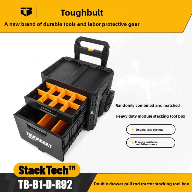 TOUGHBUILT Caja de herramientas apilable de varilla de tracción única para electricistas para reparar caja de remolque autoblocante TB-B1-D-R92 de grado Industrial