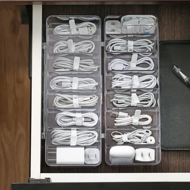 Boîte de rangement de câbles de données en plastique transparent, câble domestique, chargeur de téléphone portable, boîte de finition de câbles de chargement, boîte à grille divisée 2