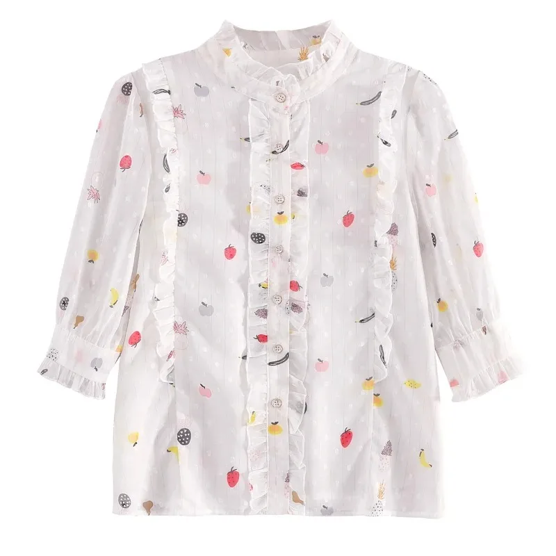 Women's Sweet Floral Print Chiffon Blouse Half Sleeve Tops Casual Clothes Edible Tree Fungus Collar White Summer 27476