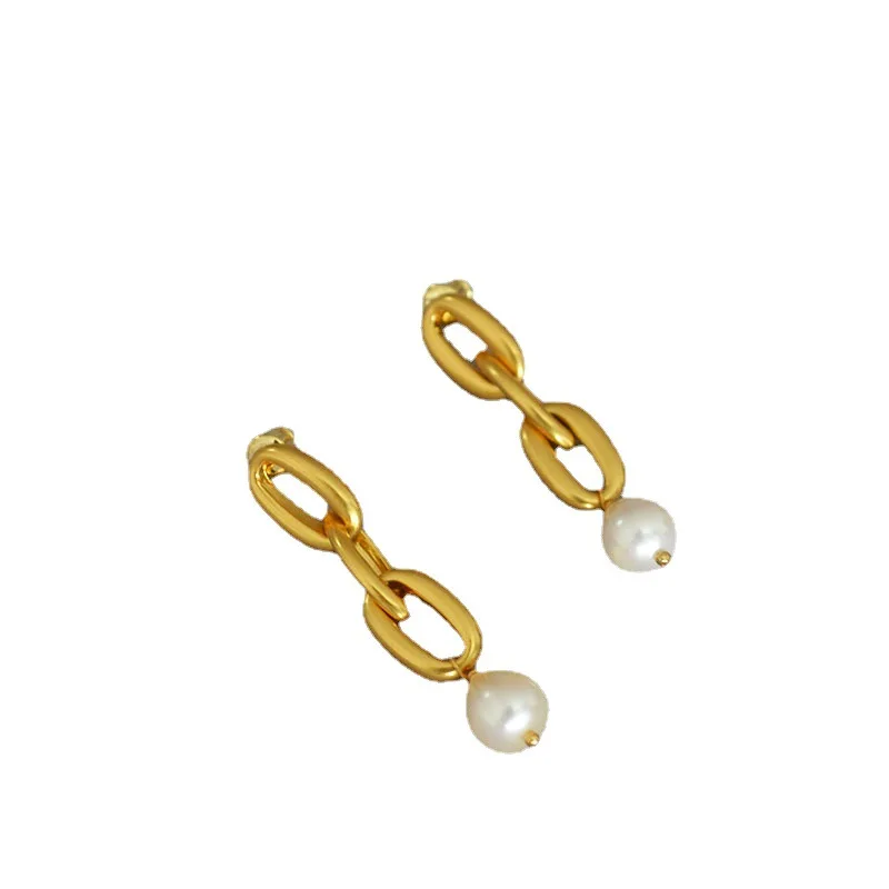 Freshwater Pearl Earrings Vintage 925 Silver Needle Gold-plated Brass Chain Drop Earrings
