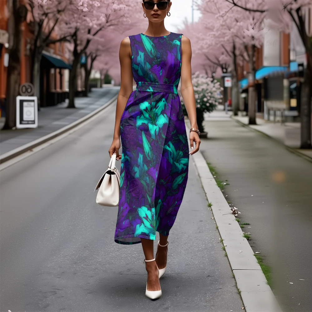 שמלת פרחים אלגנטית לנשים, שמלת A-Line ללא שרוולים בצבע כחול ולבן עם פרחים ורודים, מתאימה למשרד ולחופשה