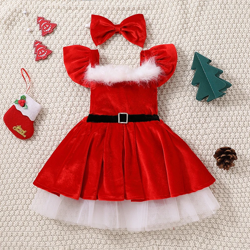 Kid Baby Girl Christmas Clothes Set Faux Fur Patchwork Long Sleeve Off Shoulder A-Line Dress with Belt + Bow Headband girls dress princess costume kids clothes