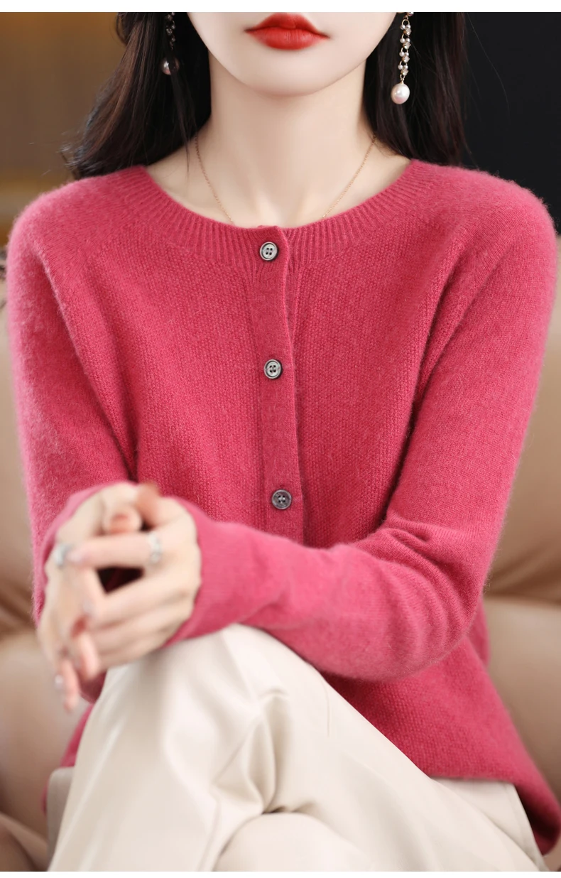 Women 100% Merino Wool Sweater Autumn Winter O-Neck First Line Seamless Cardigan Long Sleeve Clothing Cashmere Knitwear Tops