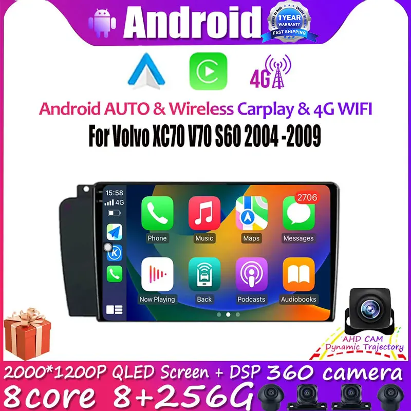 

Автомагнитола для Volvo XC70 V70 S60 2004 2005 2006 2007 2008 2009 Android 14 Carplay, автомобильный радиоприемник, мультимедийный видеоплеер WIFI + 4G Stereo BT