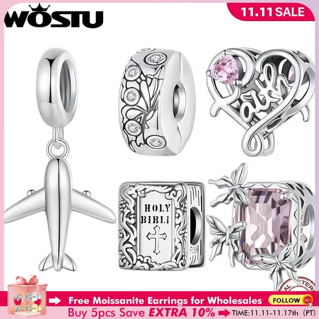 Introducing the WOSTU 925 Sterling Silver Retro Butterfly Stopper Buckle Square Bible Beads Pink Faith Charms Fit Original Bracelet DIY Gifts