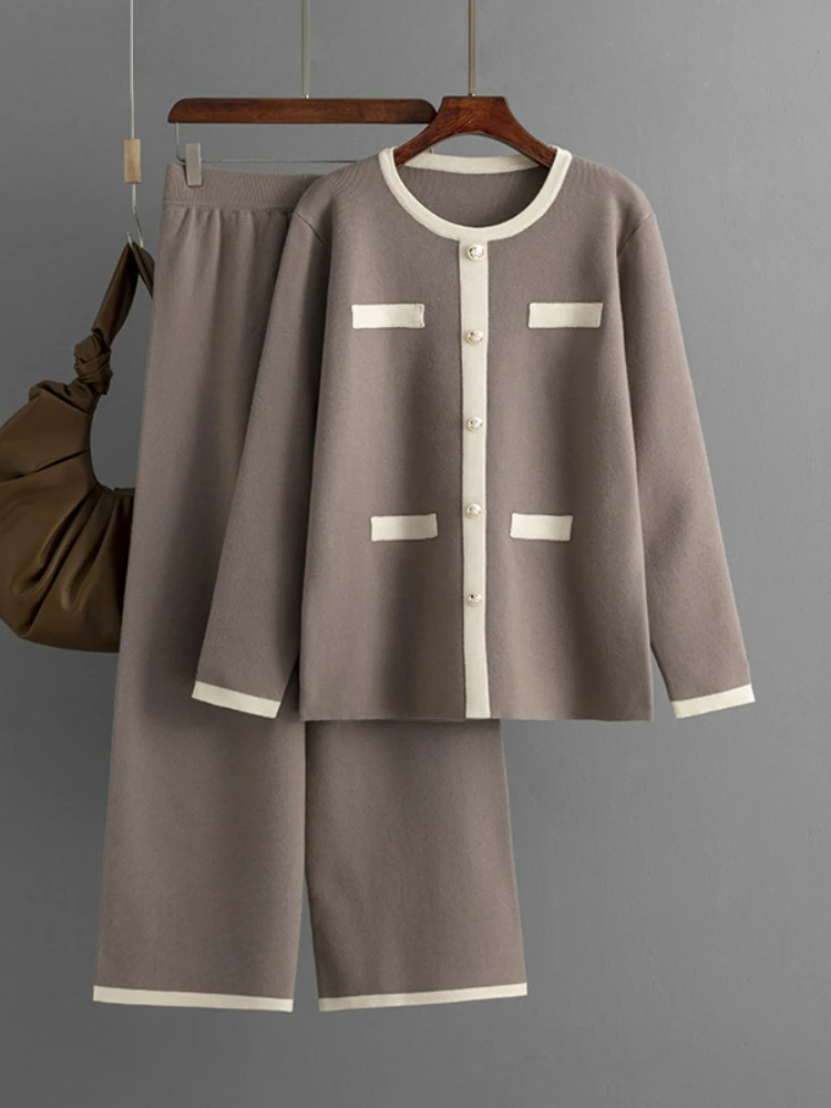 

Black Two Piece Pant Sets for Women 2023 Knitted Sweater Suits 2022 Casual O-neck New Elegant Women's Sweater Wide Leg Pant Sets